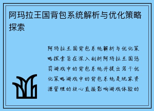 阿玛拉王国背包系统解析与优化策略探索