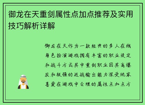 御龙在天重剑属性点加点推荐及实用技巧解析详解