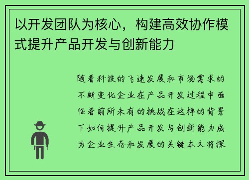 以开发团队为核心，构建高效协作模式提升产品开发与创新能力